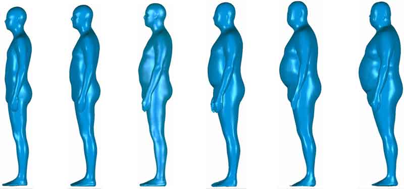 Escaneo 3D de las formas del cuerpo para el desarrollo del ajuste El cuerpo en 3D escanea imágenes de 6 hombres diferentes mirando hacia un lado